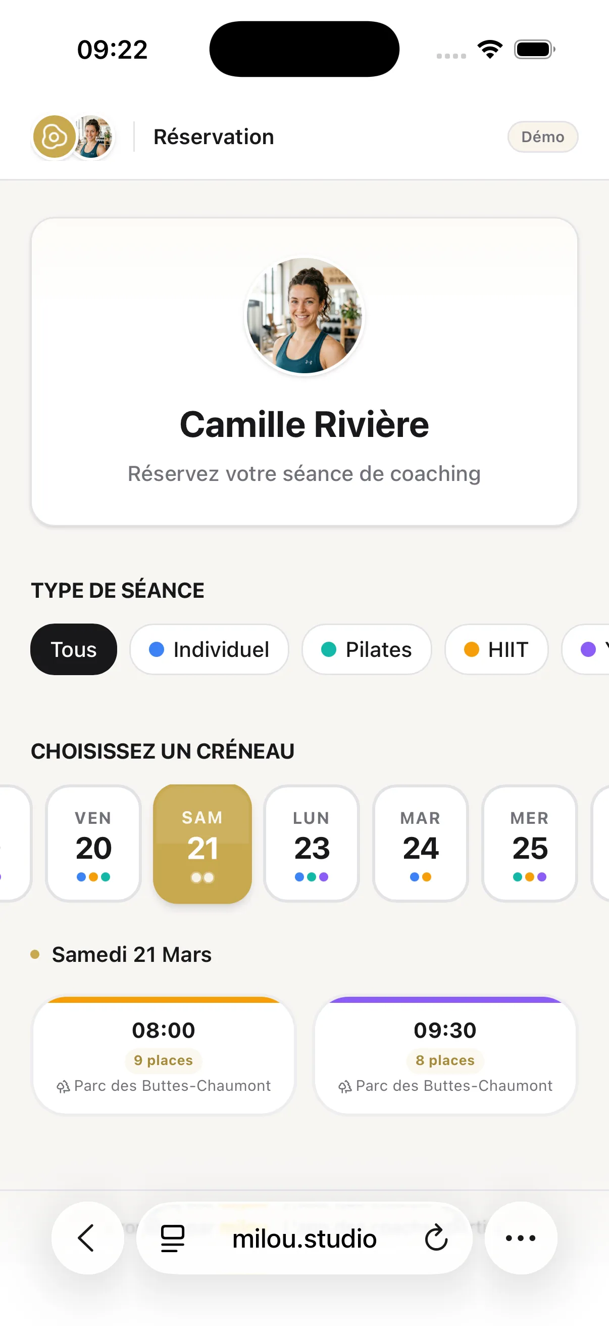 Ta page de réservation, partageable en un lien.