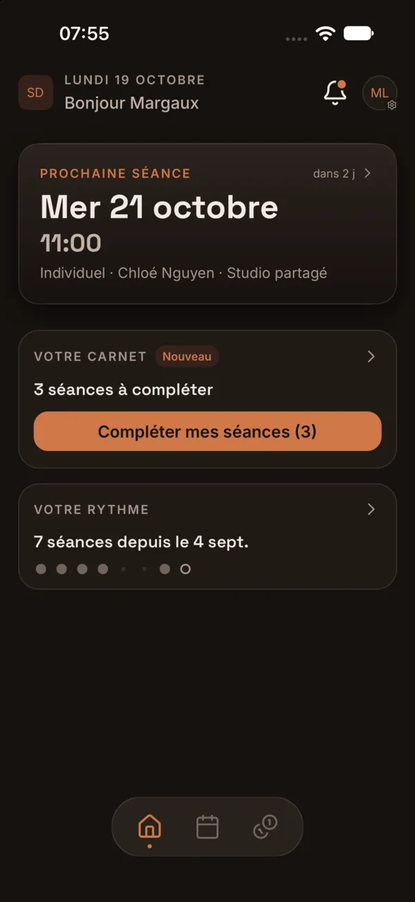 Accueil client avec la prochaine séance, le carnet et le rythme