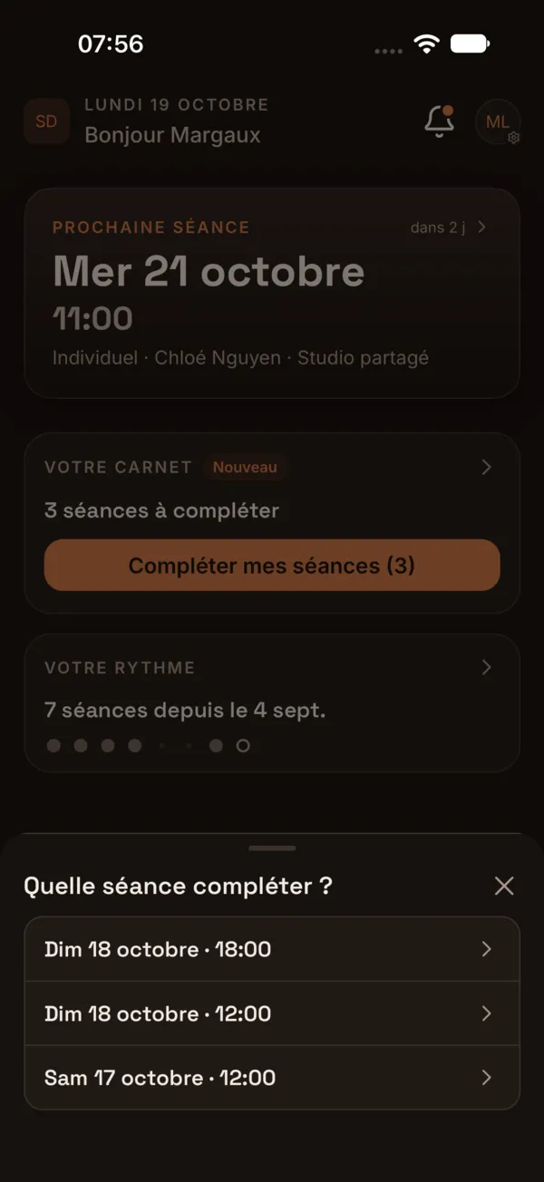 Choix de la séance à compléter dans le carnet