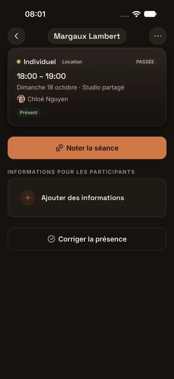Fiche d’une séance passée avec Présent et Corriger la présence