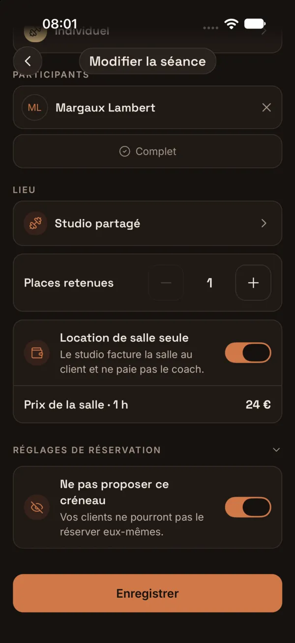 Écran Modifier la séance avec la case Location de salle seule cochée et le prix de la salle