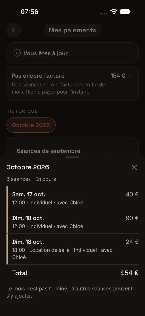 Détail du mois côté client avec une ligne Location de salle