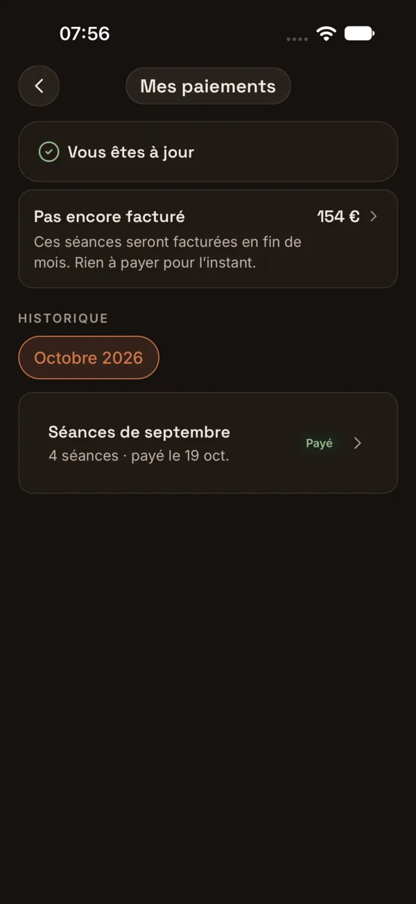 Écran Mes paiements avec l’historique par mois