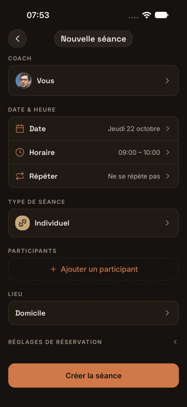 Écran Nouvelle séance avec Répéter dans la carte Date et heure