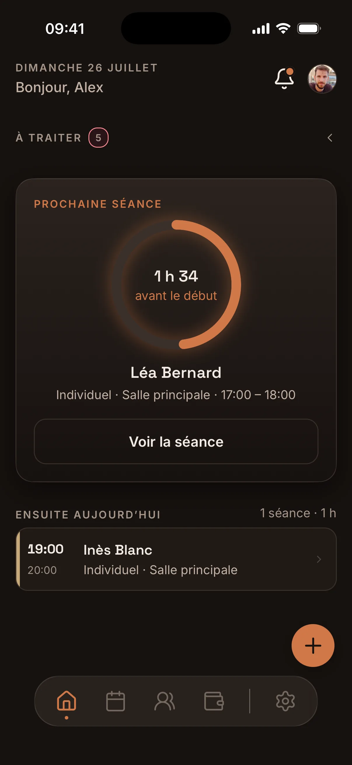 milou dashboard with today's sessions and statistics