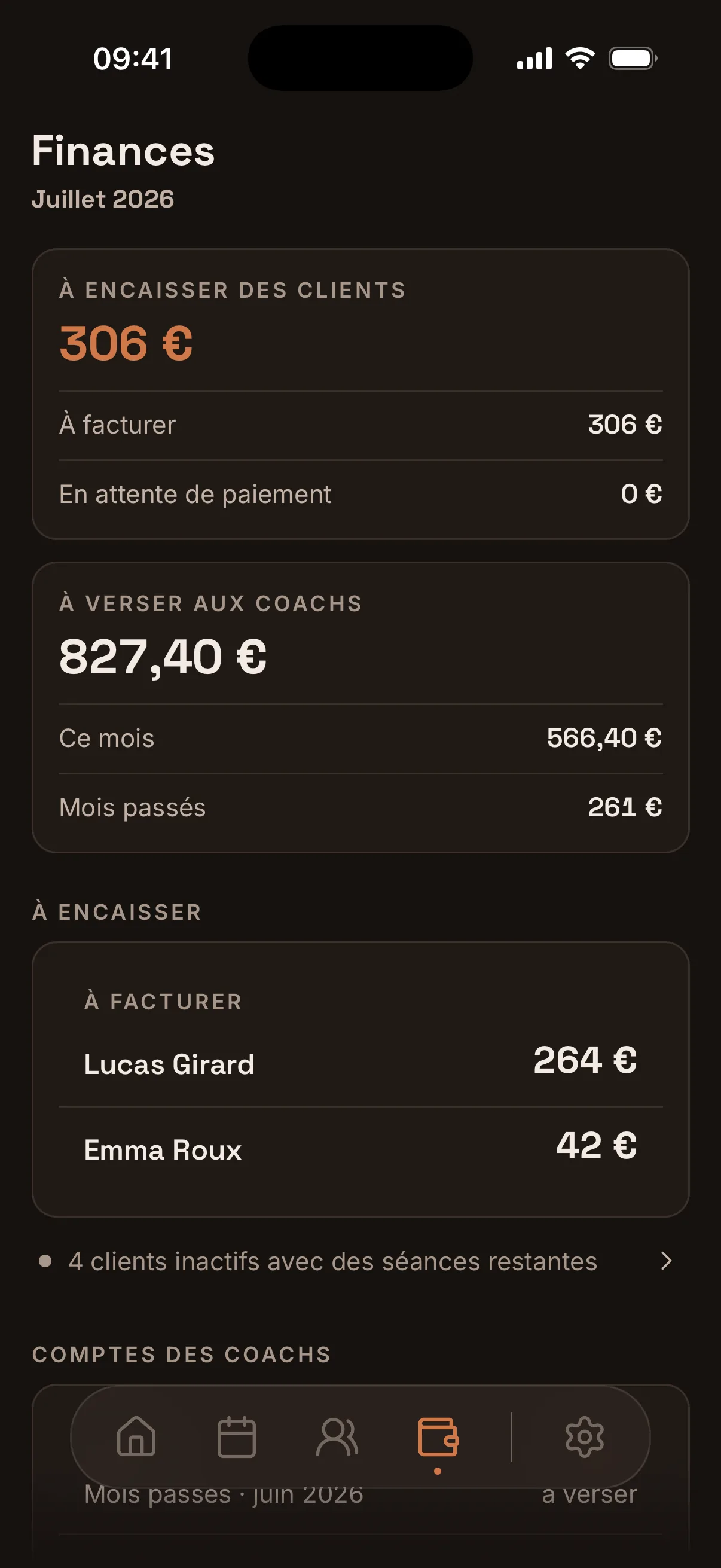 Accounts with your coaches, computed automatically.