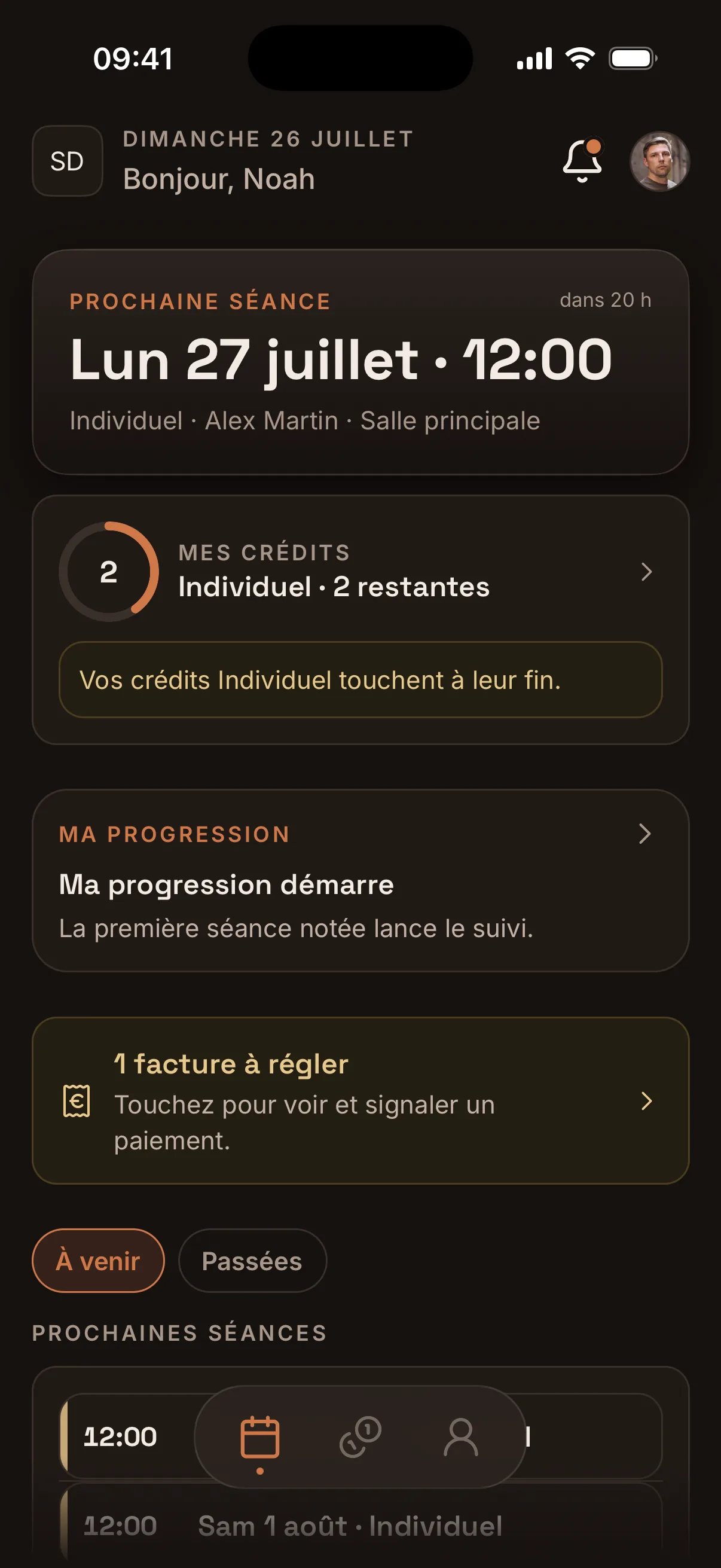 Page de réservation milou sur mobile avec filtres par type de séance